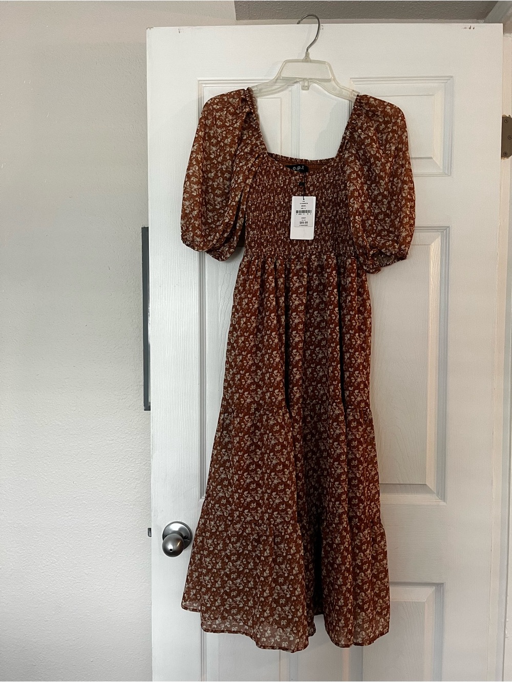Smocked Midi Dress with Puff Sleeves in Rust Floral